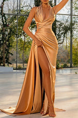 Golden Prom Dress Sheath/Column Halter Floor-length Evening Dress