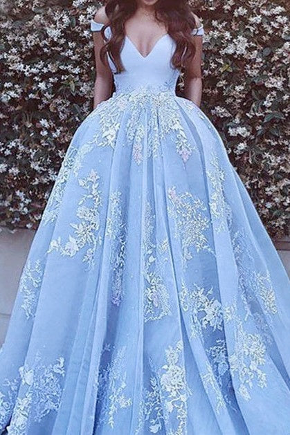 Blue Ball Gown Tulle Off the Shoulder Long Prom Dress