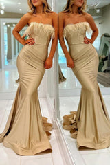 Champagne Mermaid Strapless Floor Length Prom Dress with Feathers