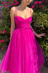 Fuchsia A Line Wedding Party Dress Spaghetti Straps Tea Length Prom Dress