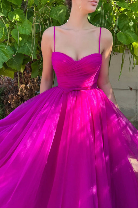 Fuchsia A Line Wedding Party Dress Spaghetti Straps Tea Length Prom Dress