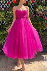 Fuchsia A Line Wedding Party Dress Spaghetti Straps Tea Length Prom Dress