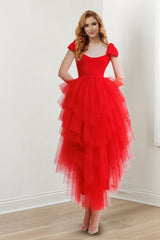 Red A Line Tulle Party Dress Tiered Prom Dress