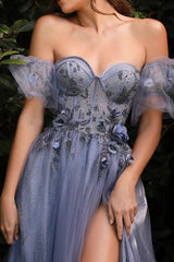 Grey Blue Sweetheart Prom Dress A Line Tulle Party Dress with Flowers