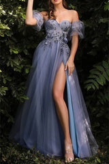 Grey Blue Sweetheart Prom Dress A Line Tulle Party Dress with Flowers