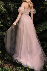 Grey Blue Sweetheart Prom Dress A Line Tulle Party Dress with Flowers