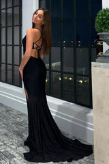 Black Mermaid Prom Dress Halter Backless Evening Dress with Slit