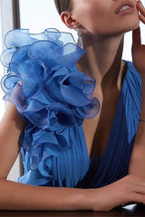 Blue A Line Chiffon Wedding Party Dress V Neck Evening Dress with Flower