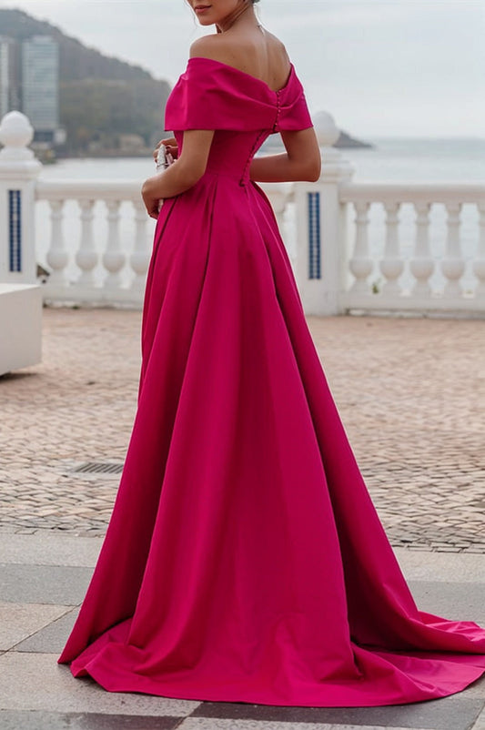 Fuchsia A Line Off the Shoulder Evening Dress Floor Length Wedding Guest Dress with Slit