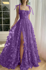 Fuchsia A Line Tulle Prom Dress Appliques spaghetti Straps Formal Dress