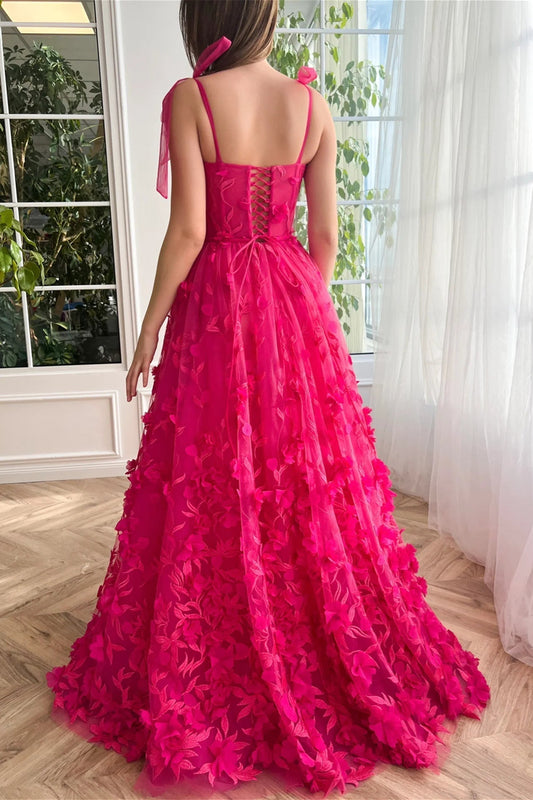 Fuchsia A Line Tulle Prom Dress Appliques spaghetti Straps Formal Dress