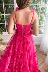 Fuchsia A Line Tulle Prom Dress Appliques spaghetti Straps Formal Dress