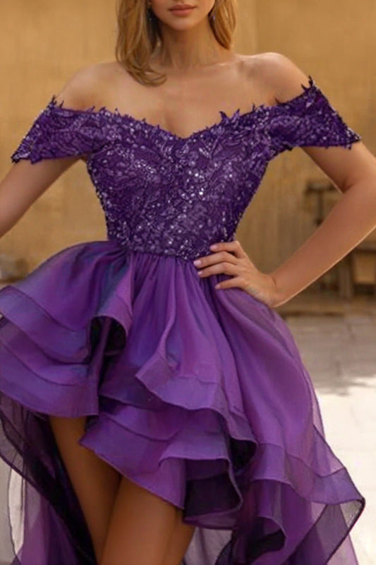 Purple Ball Gown Off the Shoulder Prom Dress Sequin High Low Evening Dress