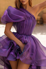 Purple One Shoulder Prom Dress Ball Gown High Low Evening Dress