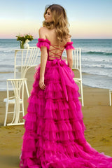 Fuchsia Prom Dress Off the Shoulder Tiered Tulle Evening Dress with Slit