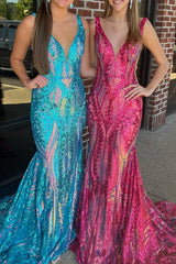 Turquise Prom Dress Sequin Mermaid V Neck Backless Evening Dress