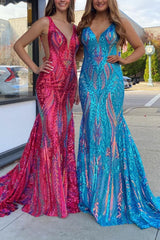 Turquise Prom Dress Sequin Mermaid V Neck Backless Evening Dress