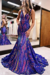 Turquise Prom Dress Sequin Mermaid V Neck Backless Evening Dress