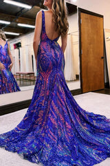 Purple Prom Dress Sequin Mermaid V Neck Backless Evening Dress