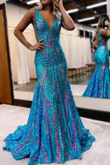 Purple Prom Dress Sequin Mermaid V Neck Backless Evening Dress