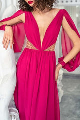 Fuchsia Chiffon Evening Dress Long Sleeves V Neck Formal Dress