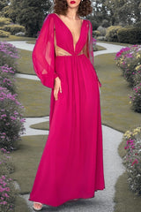 Fuchsia Chiffon Evening Dress Long Sleeves V Neck Formal Dress