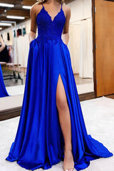 Royal Blue Satin Prom Dress Halter A Line Evening Dress with Appliques