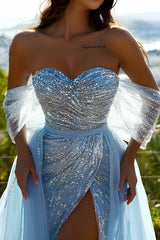 Blue Sequin Prom Dress Off the Shoulder Tulle Panel Train Evening Dress