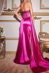 Fuchsia Prom Dress Satin Strapless Corset Evening Dress with Panel Train