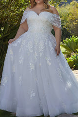 Ivory Wedding Dress Off the Shoulder A Line Plus Size Bridal Dress with Appliques