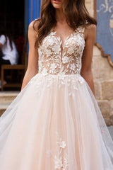 Champagne Wedding Dress Tulle A Line Appliques Bridal Dress with Sweep Train