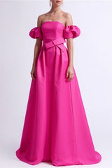 Fuchsia Off the Shoulder Prom Dress Floor Length A Line Evening Dress