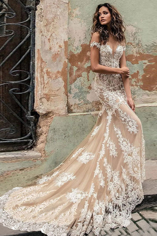 Champagne Wedding Dress Mermaid Off the Shoulder Lace Bridal Dress