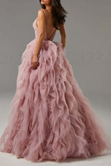 Pink Spaghetti Straps A Line Prom Dress Ruffles Blackless Evening Dress