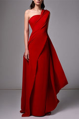 Red One Shoulder Sleeveless Evening Dress With Pleats Ruched