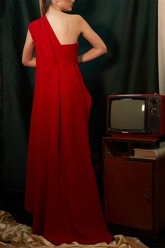 Red One Shoulder Sleeveless Evening Dress With Pleats Ruched