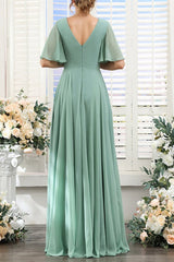 Green Chiffon Bridesmaid Dress V Neck Short Sleeves Wedding Guest Dress