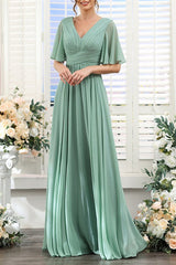 Green Chiffon Bridesmaid Dress V Neck Short Sleeves Wedding Guest Dress