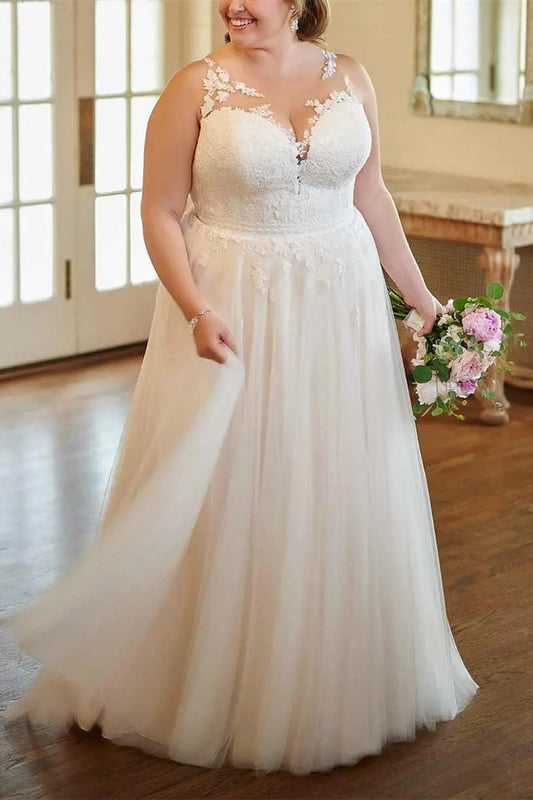 Ivory A Line Wedding Dress V Neck Plus Size Lace Appliques Bridal Dress