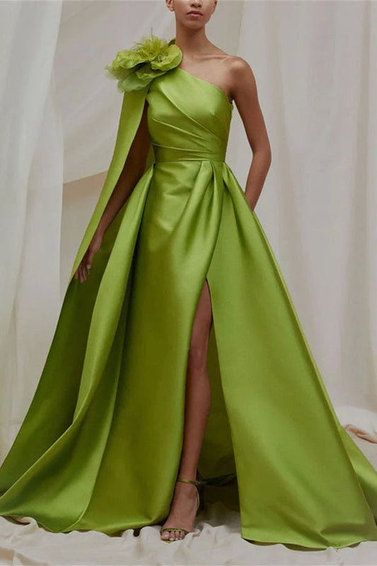 Green A Line Prom Dress One Shoulder Evening Dress with 3D Flower