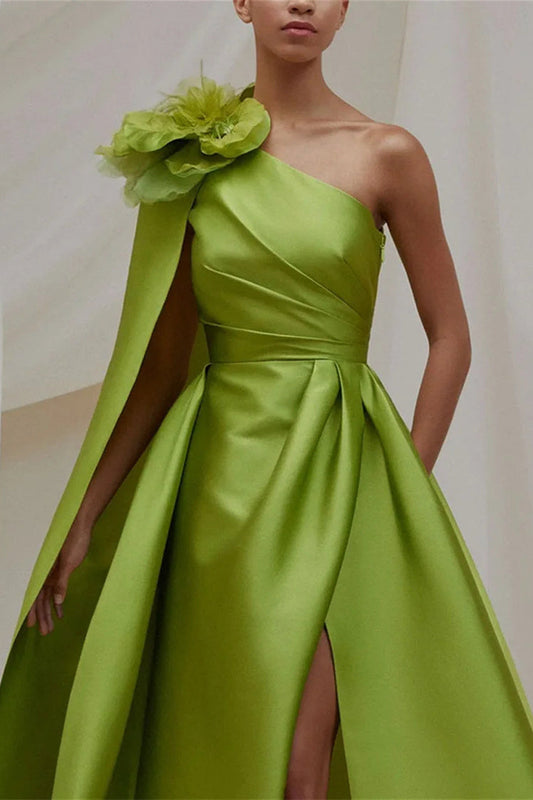 Green A Line Prom Dress One Shoulder Evening Dress with 3D Flower