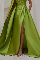 Green A Line Prom Dress One Shoulder Evening Dress with 3D Flower