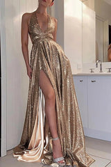 Champagne Formal Evening Dress Halter Floor Length Prom Dress