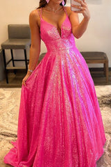 Fuchsia Sparkly Prom Dress A-Line Sleeveless Formal Evening Dress