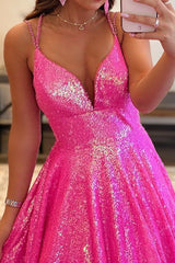 Fuchsia Sparkly Prom Dress A-Line Sleeveless Formal Evening Dress