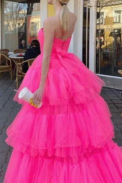 Fuchsia A-Line Prom Dress Strapless High Low Evening Party Dress