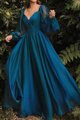 Teal A-Line Evening Dress V-Neck Long Sleeves Floor Length Long Formal Dress