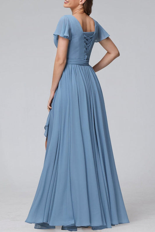 Blue V-Neck Floor Length Wrap Bridesmaid Dress