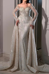 Sparkly Mermaid Wedding Dress Long Sleeves Beaded Bridal Dress with Panel Train