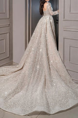 Sparkly Mermaid Wedding Dress Long Sleeves Beaded Bridal Dress with Panel Train